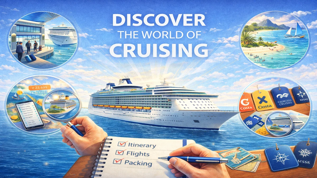 Composite illustration for CruisePing Discover page showing cruise deals, planning, destinations, ships and cruise line selection around a central cruise ship