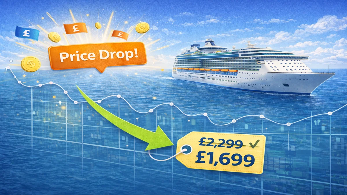 Cruise ship with a price-drop graph and fare reduction from £2,299 to £1,699