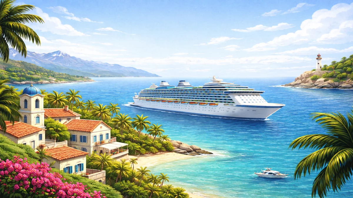 Cruise ship sailing near a scenic coastal destination with palm trees, hillside villas and turquoise water