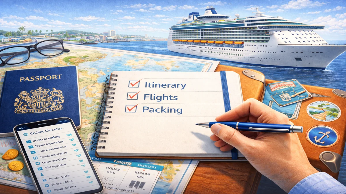 Cruise planning scene with checklist, passport, travel documents and a cruise ship in the background