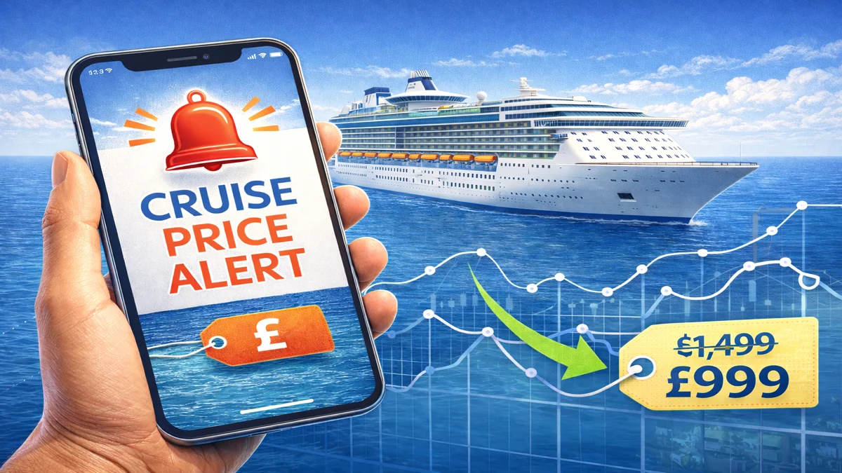 Smartphone showing a cruise price alert with a drop from £1,499 to £999 and a cruise ship in the background