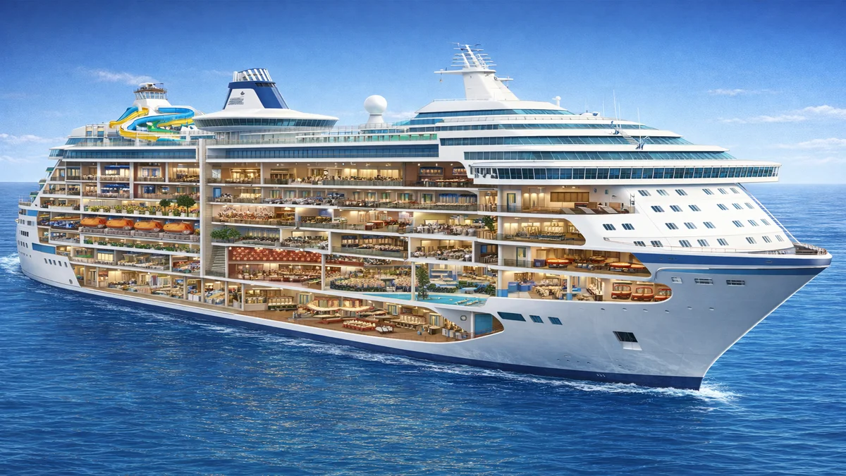 Professional cutaway illustration of a modern cruise ship showing onboard areas including cabins, dining, pool deck and entertainment spaces