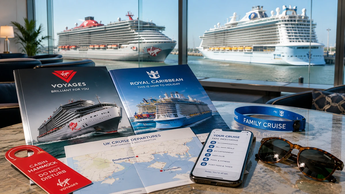 Virgin Voyages vs Royal Caribbean cruise brochures on a UK cruise terminal table with a Portsmouth and Southampton map, hammock tag and family activity wristband.