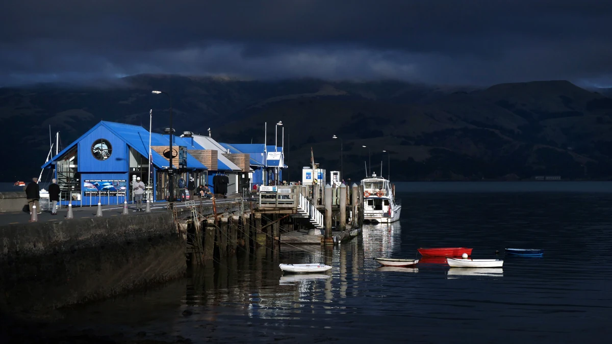Akaroa Main Wharf and harbour on Banks Peninsula, New Zealand