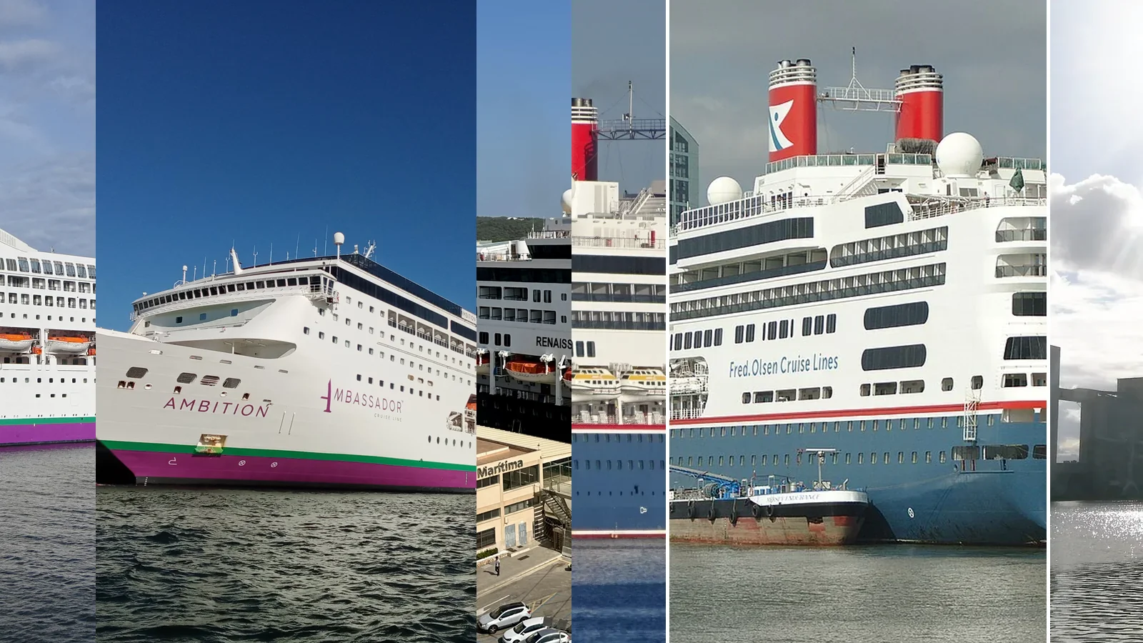 Ambassador and Fred. Olsen cruise ships shown side by side