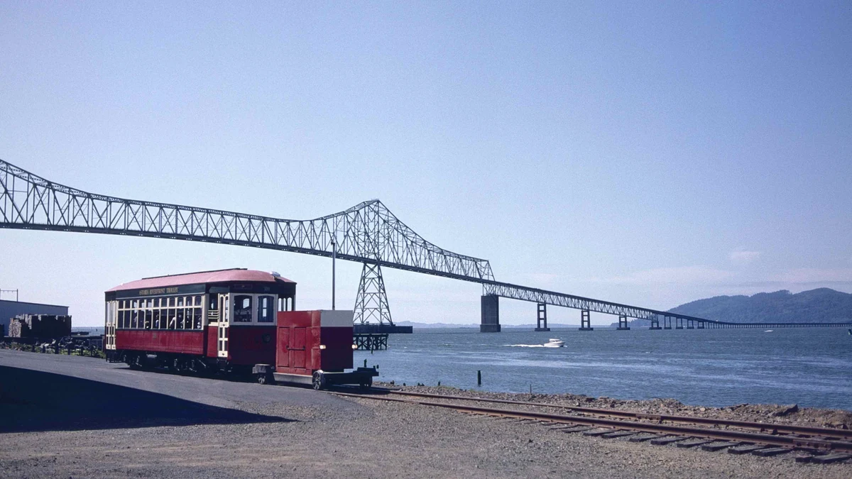 Astoria Riverfront Trolley and Astoria Megler Bridge near Astoria cruise port