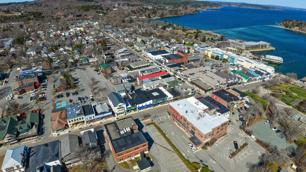 Aerial view of downtown and the waterfront for a Bar Harbor cruise port guide