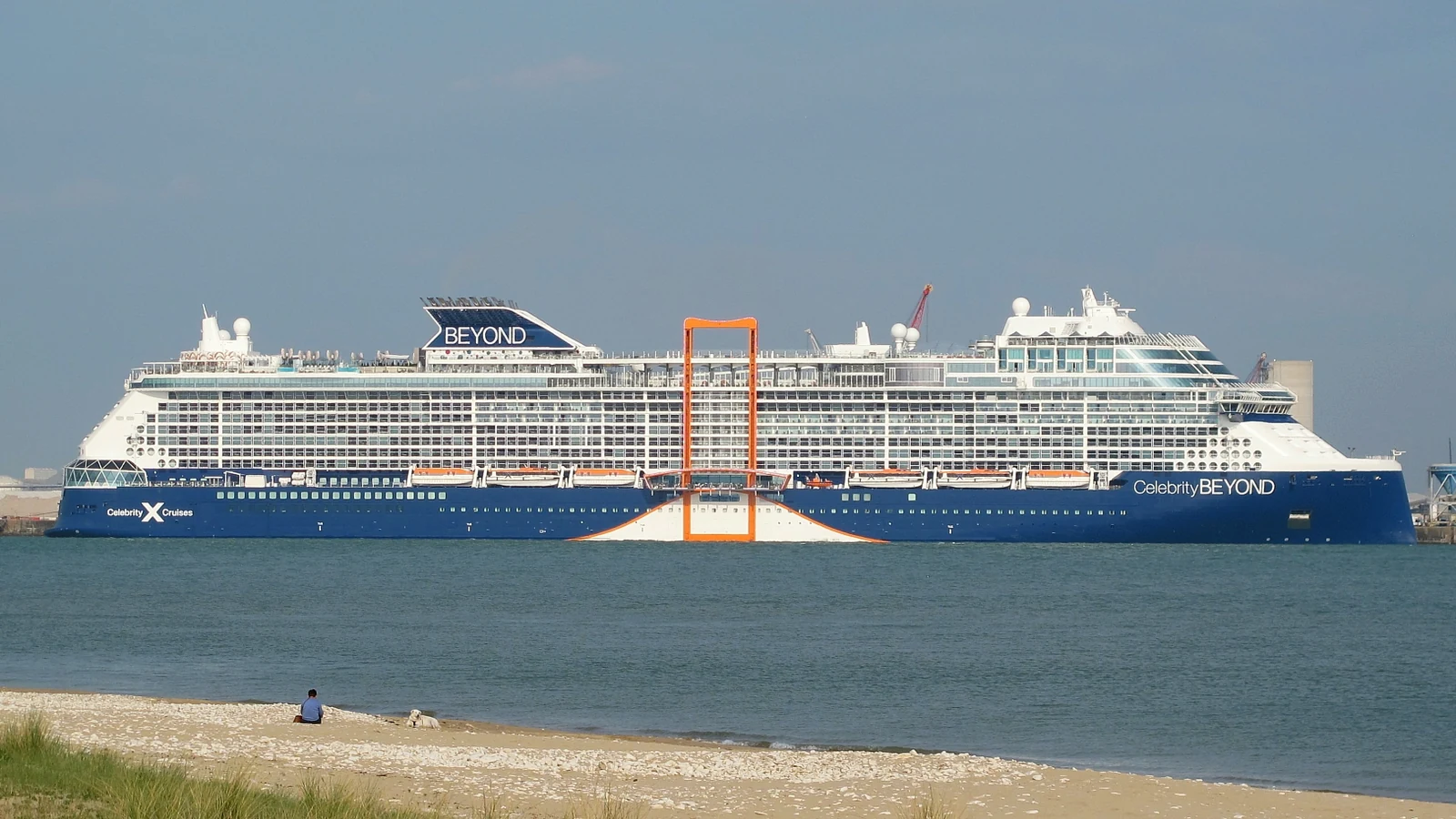 Celebrity Beyond cruise ship viewed from the shore at La Rochelle