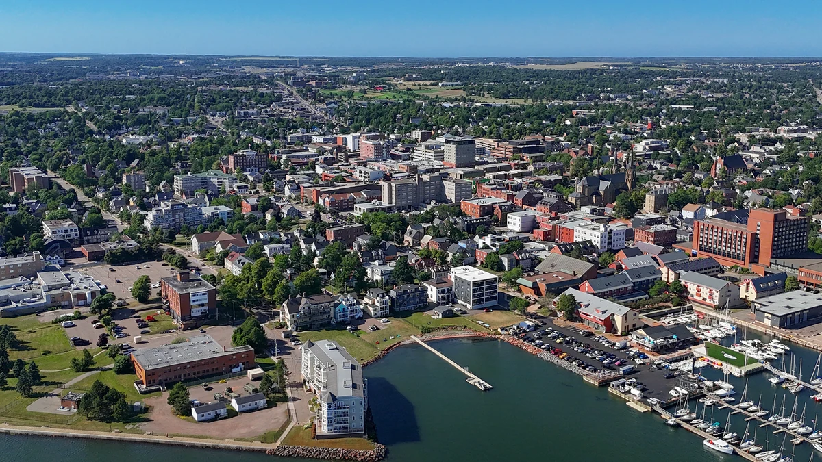 Aerial view of the waterfront and centre for a Charlottetown cruise port guide