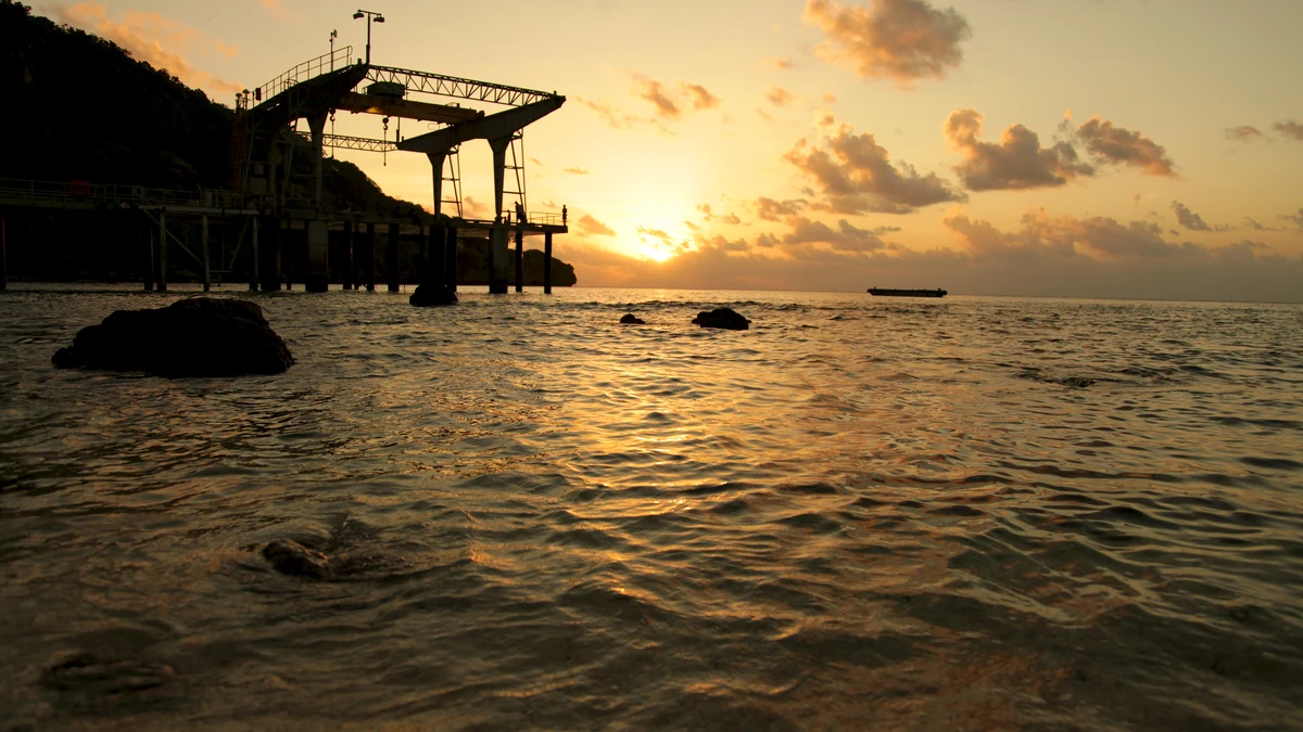Flying Fish Cove jetty at sunset on Christmas Island, Australia