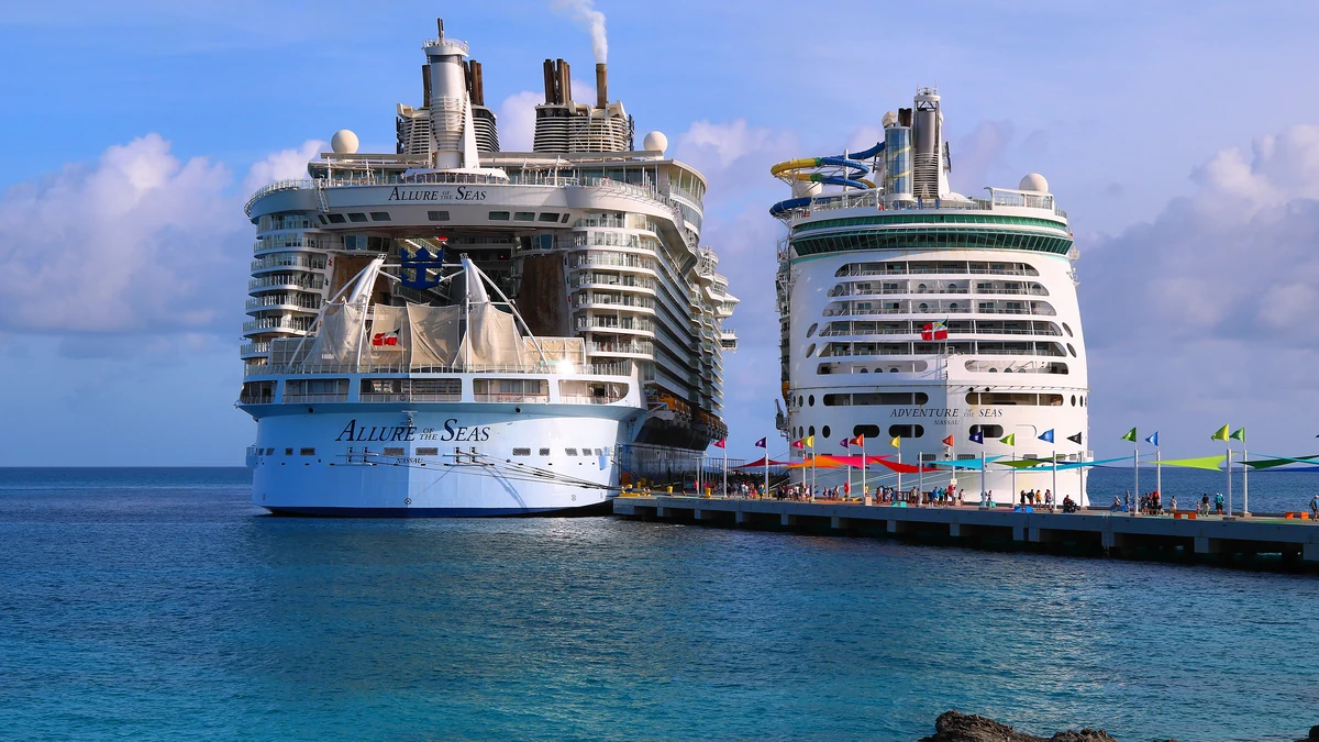CocoCay Cruise Port pier with two Royal Caribbean cruise ships in the Bahamas