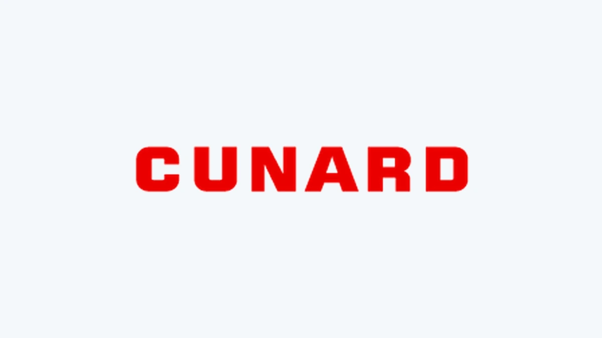 Cunard red wordmark on a very light blue background