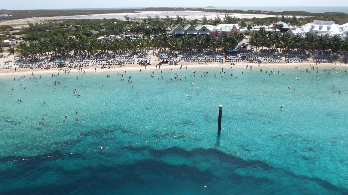 Grand Turk Cruise Center beach and turquoise water viewed from a cruise ship