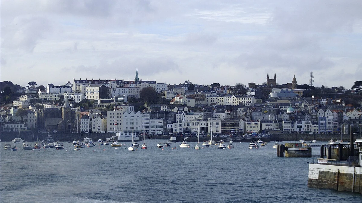Guernsey cruise port view of St Peter Port harbour and town