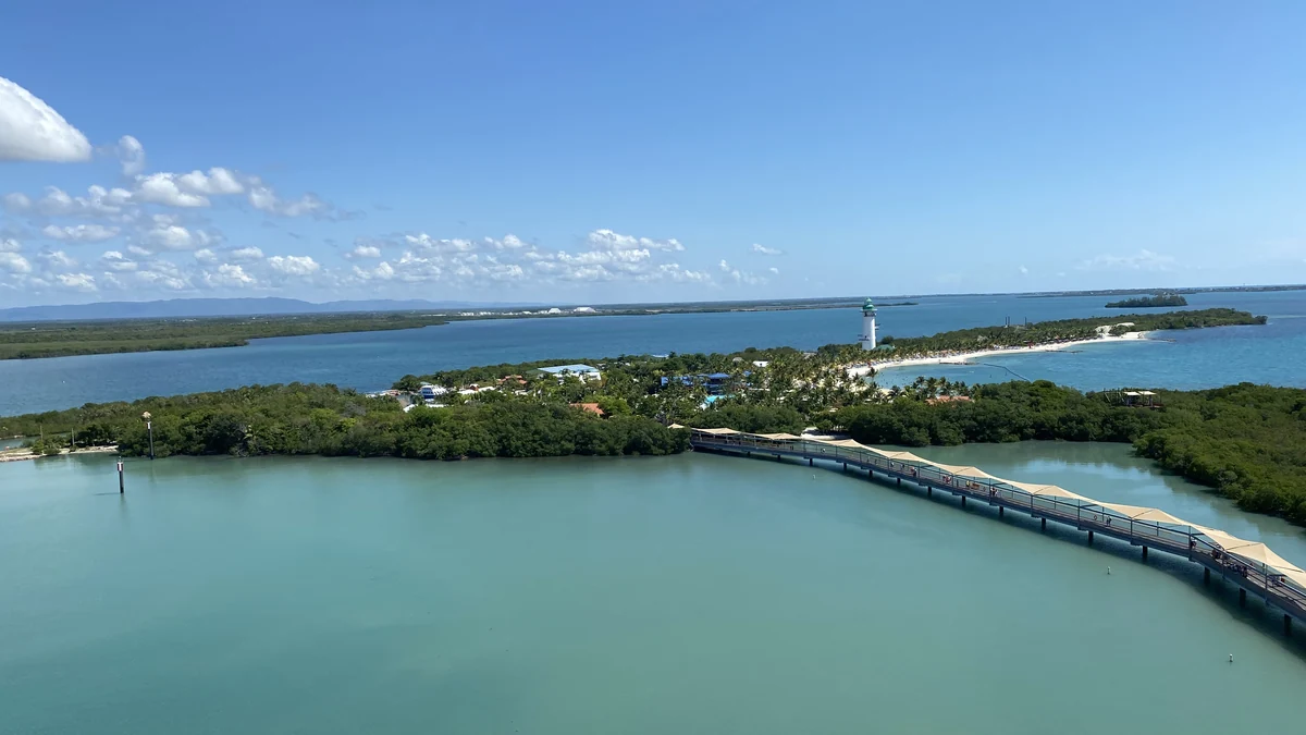 Aerial view of Harvest Caye cruise destination in Belize