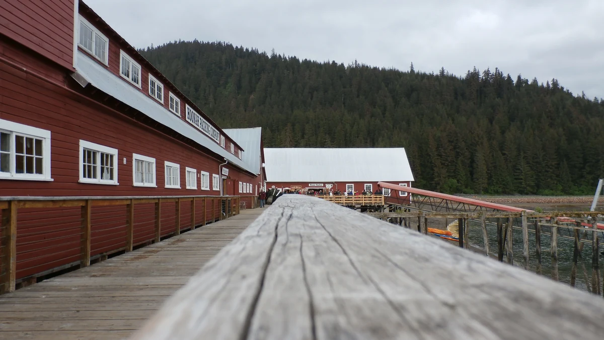 Historic cannery waterfront boardwalk at Icy Strait Point, Alaska