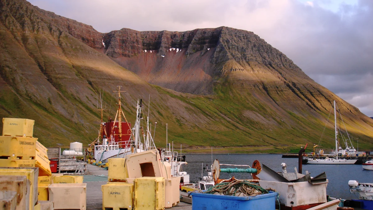 Isafjordur cruise port harbour and mountain setting in Iceland