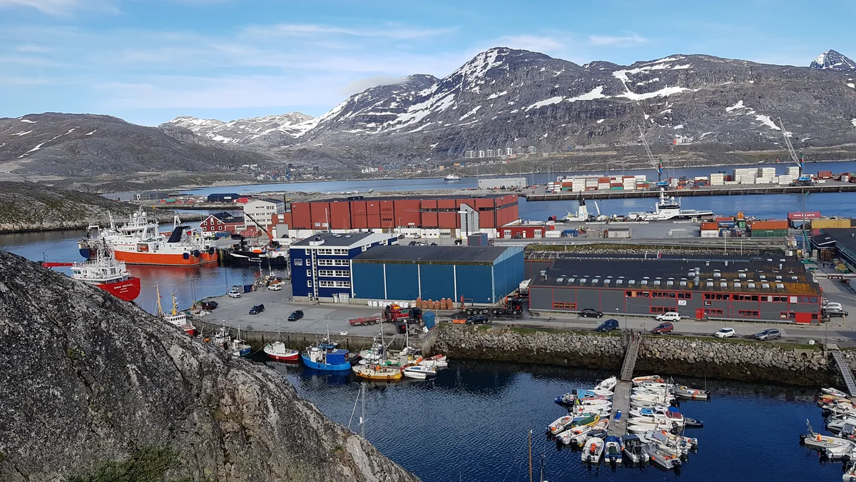 Nuuk cruise port harbour with colourful buildings and mountain scenery