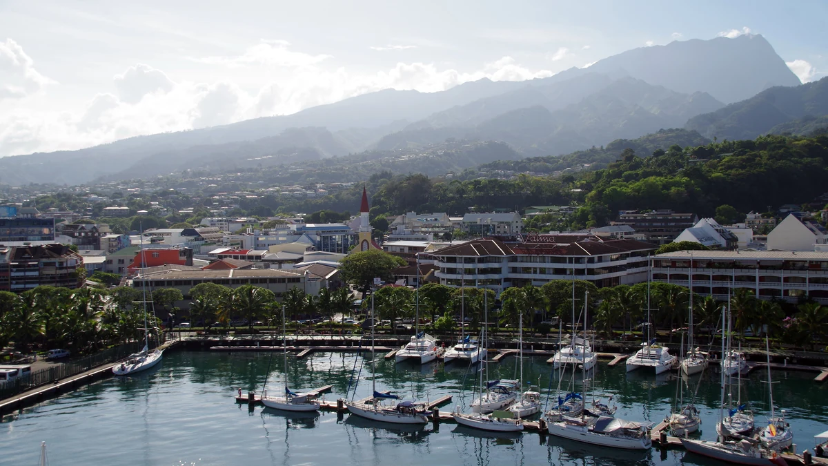 Papeete harbour, marina and mountains on Tahiti