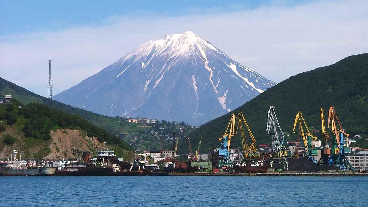 Petropavlovsk cruise port city with Koryaksky volcano in the background