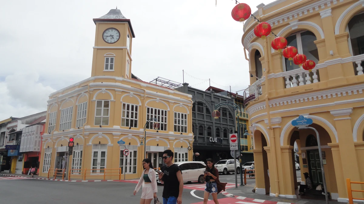 Sino-colonial buildings and red lanterns in Phuket Old Town, Thailand