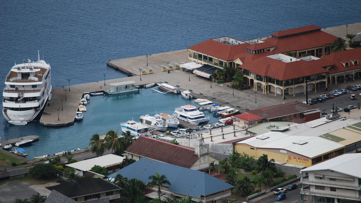 Uturoa port and waterfront seen from above on Raiatea