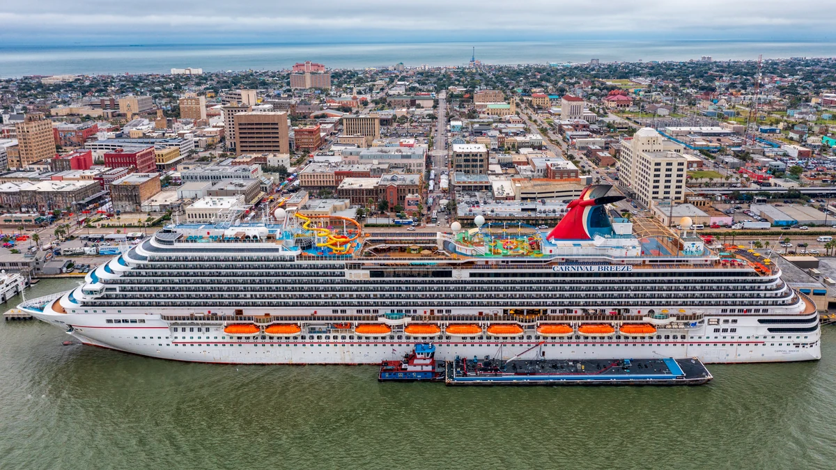 Aerial view of Carnival Breeze docked at Galveston