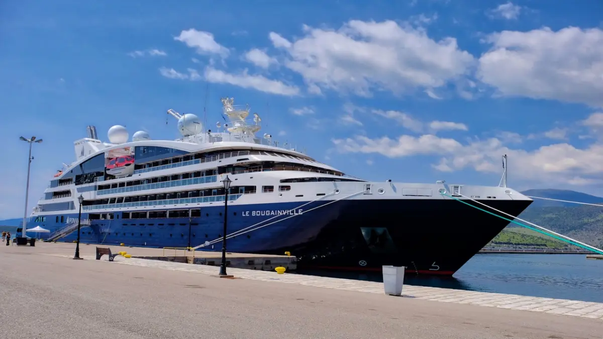 Le Bougainville cruise ship moored at Itea Greece