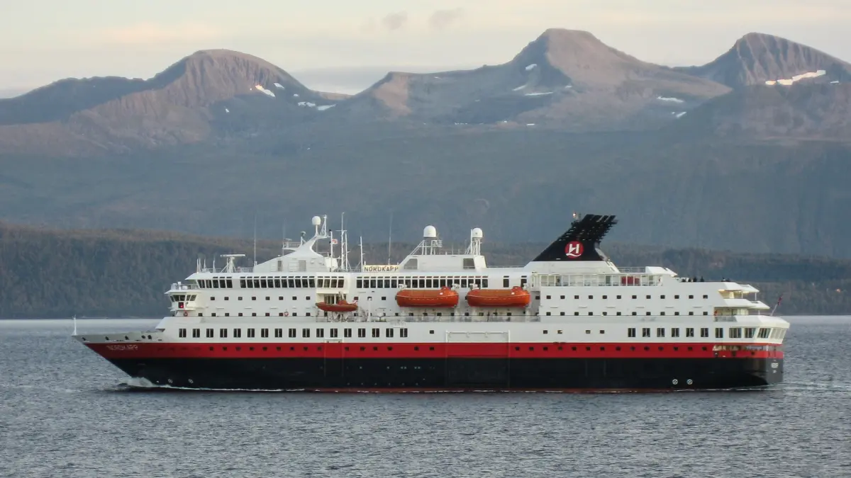 MS Nordkapp Hurtigruten ship sailing in Moldefjorden