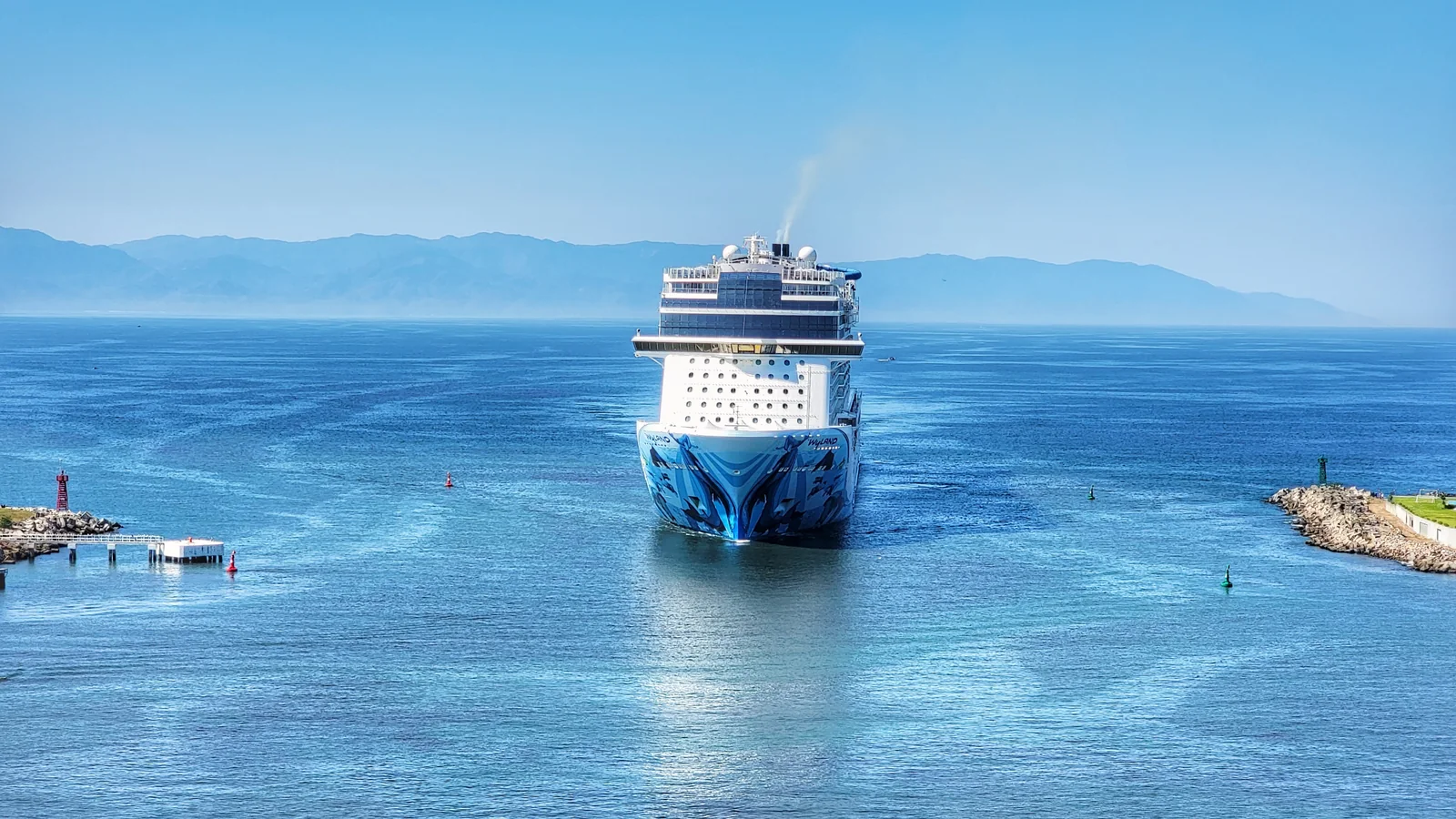 Norwegian Bliss cruise ship entering Puerto Vallarta harbour