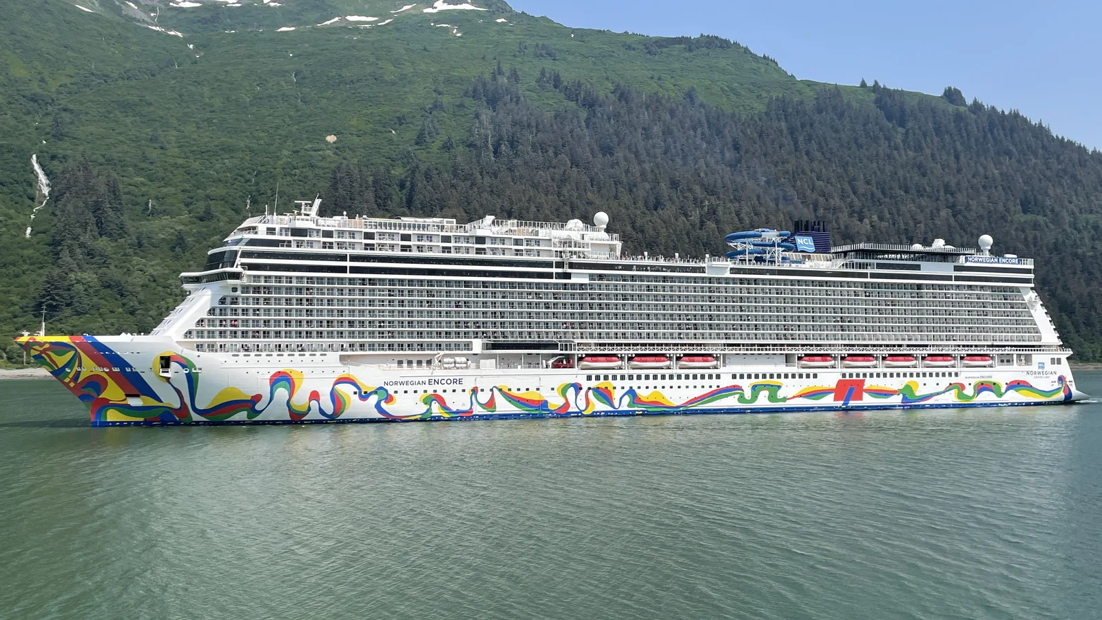 Norwegian Encore cruise ship approaching Juneau in Alaska